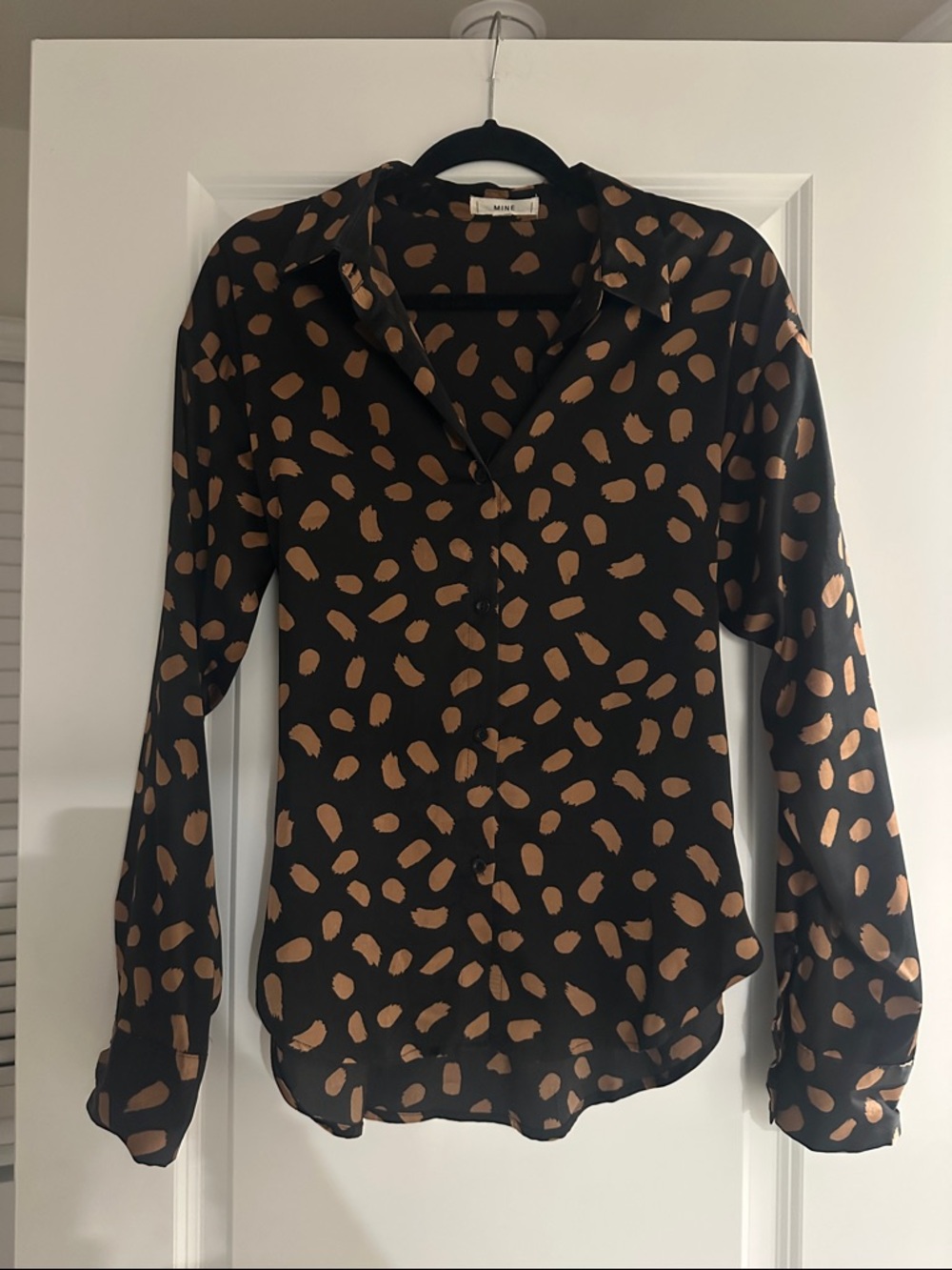mine Black Button-Down Blouse with Brown Spot Print